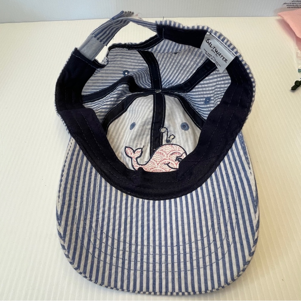 Saltwater Seersucker, blue/white pinstripe baseball cap Whale Myrtle Beach EUC - Picture 4 of 5